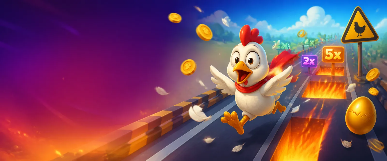 Promotional banner with a funny chicken crossing, road lanes, feathers, coins, and bright arcade elements